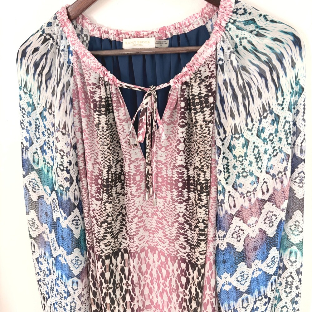 Ramy Brook Kayden Silk Blouse Large Boho Snakeskin Print Multi-Color Long Sleeve - Picture 3 of 10